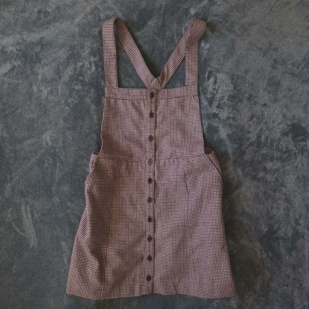 Forever 21 Houndstooth Overall Dress Strappy Sleeveless L Burgundy Short